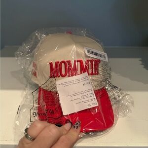 Red and Beige Cap with Bold Lettering Mommin